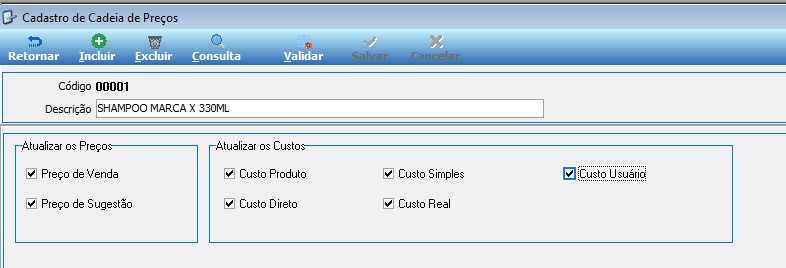 Tela Cadastro de Cadeia de Preços com campos Código, Descrição (SHAMPOO MARCA X 330ML) e checkboxes de Atualizar os Preços e Atualizar os Custos marcados