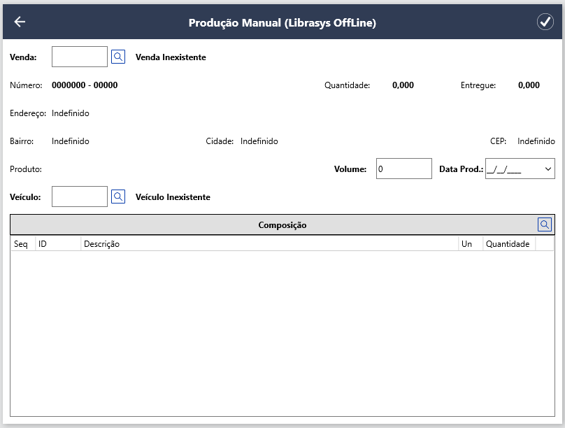 Tela Produção Manual (Librasys OffLine) com campos Venda, Número, Quantidade, Entregue, Endereço, Bairro, Cidade, CEP, Produto, Volume, Data Prod., Veículo e grade de Composição com colunas Seq, ID, Descrição, Un e Quantidade