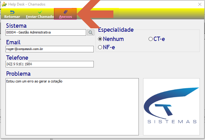 Tela Help Desk - Chamados com botão "Anexos" destacado na barra superior; campos Sistema, Email, Telefone e Problema visíveis
