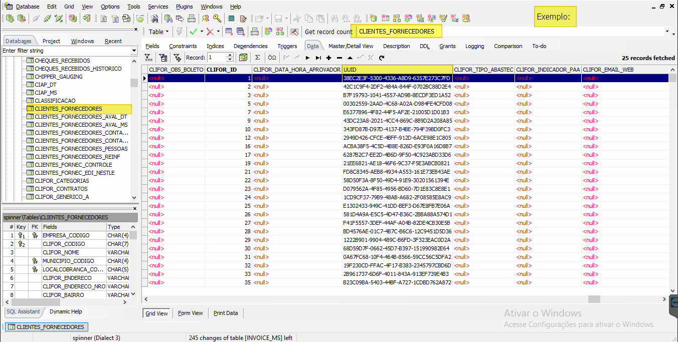 IBExpert com a tabela clientes_fornecedores aberta, listando registros com a coluna UUID visível