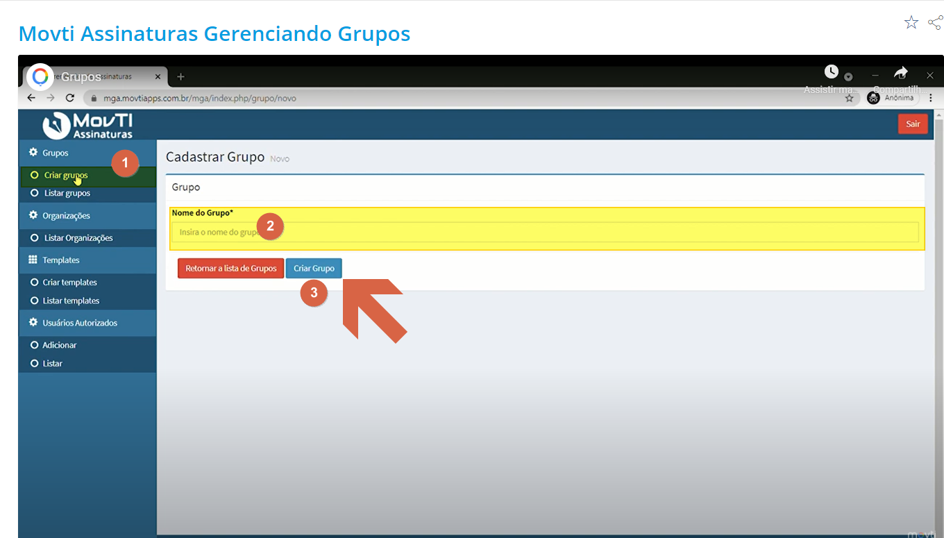 Tela Cadastrar Grupo com campo "Nome do Grupo" vazio e botões "Retornar a lista de Grupos" e "Criar Grupo"