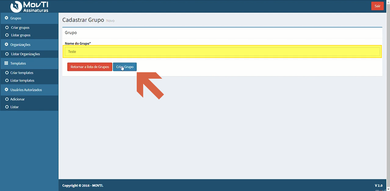 Tela Cadastrar Grupo com o campo "Nome do Grupo" preenchido com "Teste" e cursor sobre o botão "Criar Grupo"