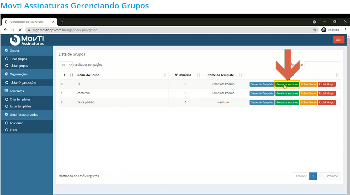 Lista de Grupos com seta apontando para o botão "Gerenciar usuários"