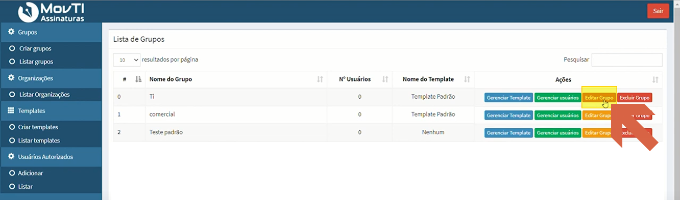 Lista de Grupos com seta apontando para o botão "Editar Grupo" da linha "Ti"