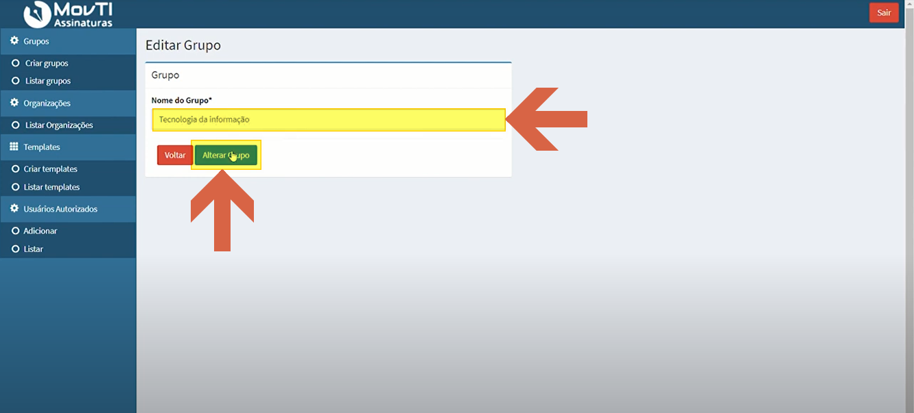 Tela Editar Grupo com campo "Nome do Grupo" preenchido com "Tecnologia da informação" e botão "Alterar Grupo"