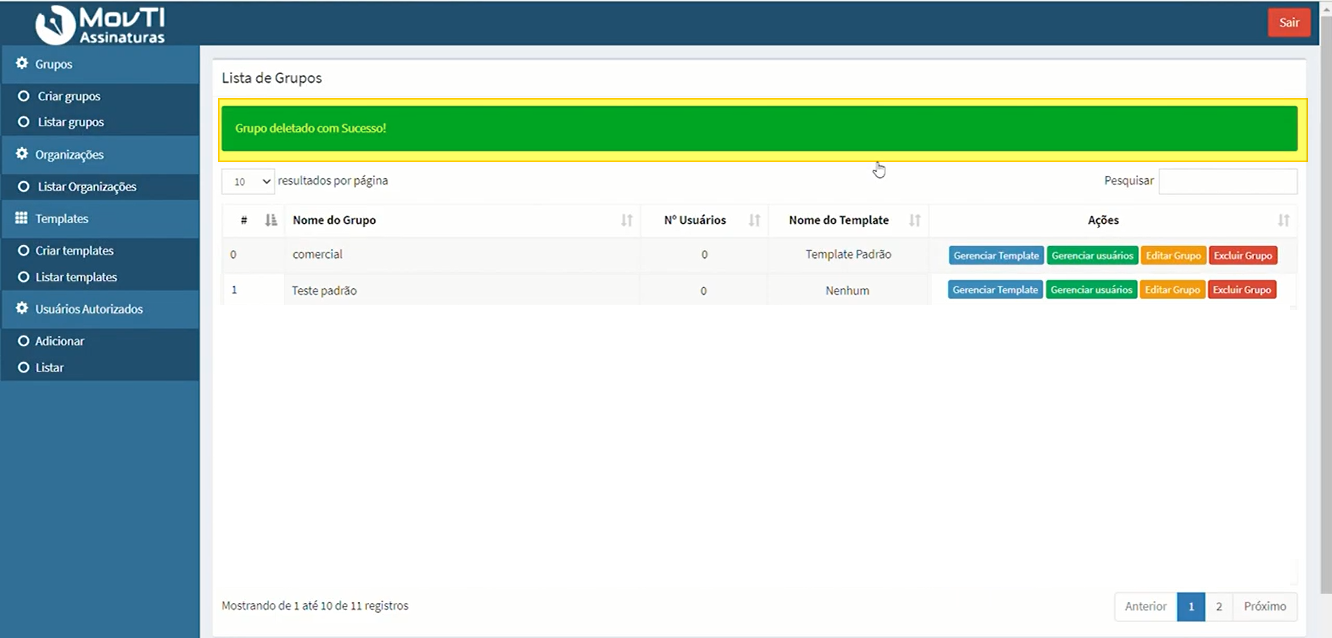 Lista de Grupos com mensagem de sucesso "Grupo deletado com Sucesso!" e grupo "Tecnologia da informação" removido da lista