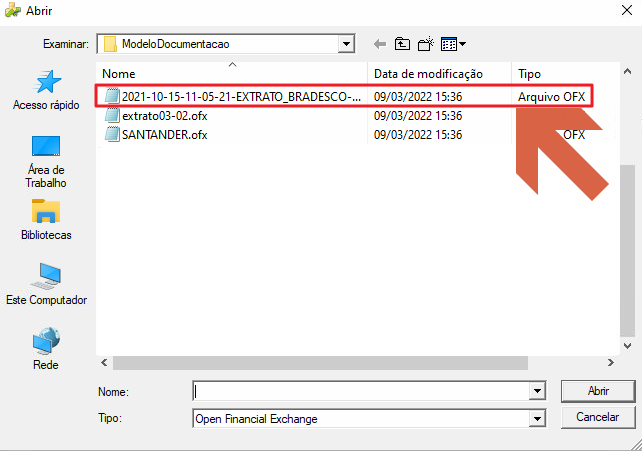 Diálogo Abrir do Windows com arquivos OFX listados, incluindo extrato do Bradesco e outros bancos, com botões Abrir e Cancelar