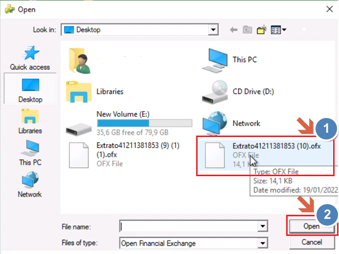 Diálogo Open com o arquivo OFX selecionado na área de trabalho, exibindo tipo OFX File e data de modificação, com o botão Open destacado