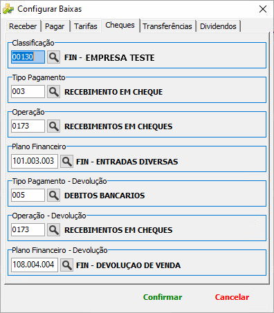 Tela Configurar Baixas na aba Cheques com campos Classificação, Tipo Pagamento (003 RECEBIMENTO EM CHEQUE), Operação (0173 RECEBIMENTOS EM CHEQUES), Plano Financeiro (101.003.003 FIN - ENTRADAS DIVERSAS) e campos equivalentes para Devolução