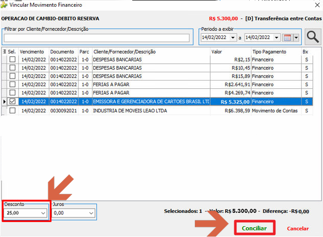 Tela Vincular Movimento Financeiro com título de R$ 5.325,00 selecionado, campo Desconto preenchido com 25,00, rodapé mostrando Selecionados: 1 - Valor R$ 5.300,00 - Diferença: R$ 0,00 e botão Conciliar habilitado