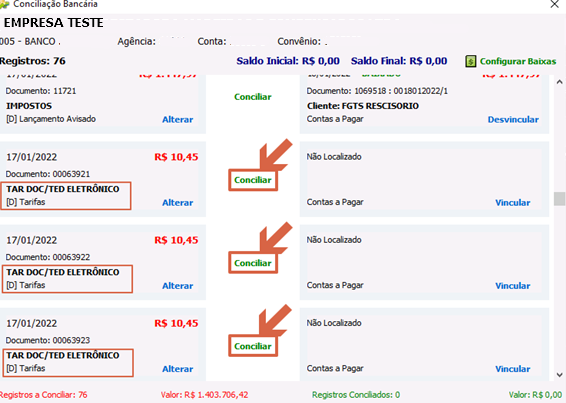 Tela Conciliação Bancária com lançamentos de tarifas (TAR DOC/TED ELETRÔNICO, tipo Tarifas, Lançamento Avisado) e botão Conciliar disponível para cada linha, com botão Alterar ao lado de cada lançamento