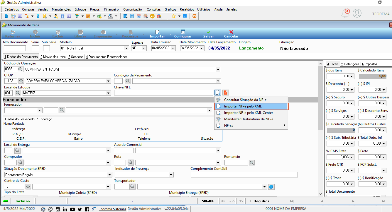 Tela Movimento de Itens com menu de contexto aberto no campo Chave NFE, exibindo as opções: Consultar Situação da NF-e, Importar NF-e pelo XML (destacado), Importar NF-e pelo XML Center, Manifestar Destinatária da NF-e e NF-se