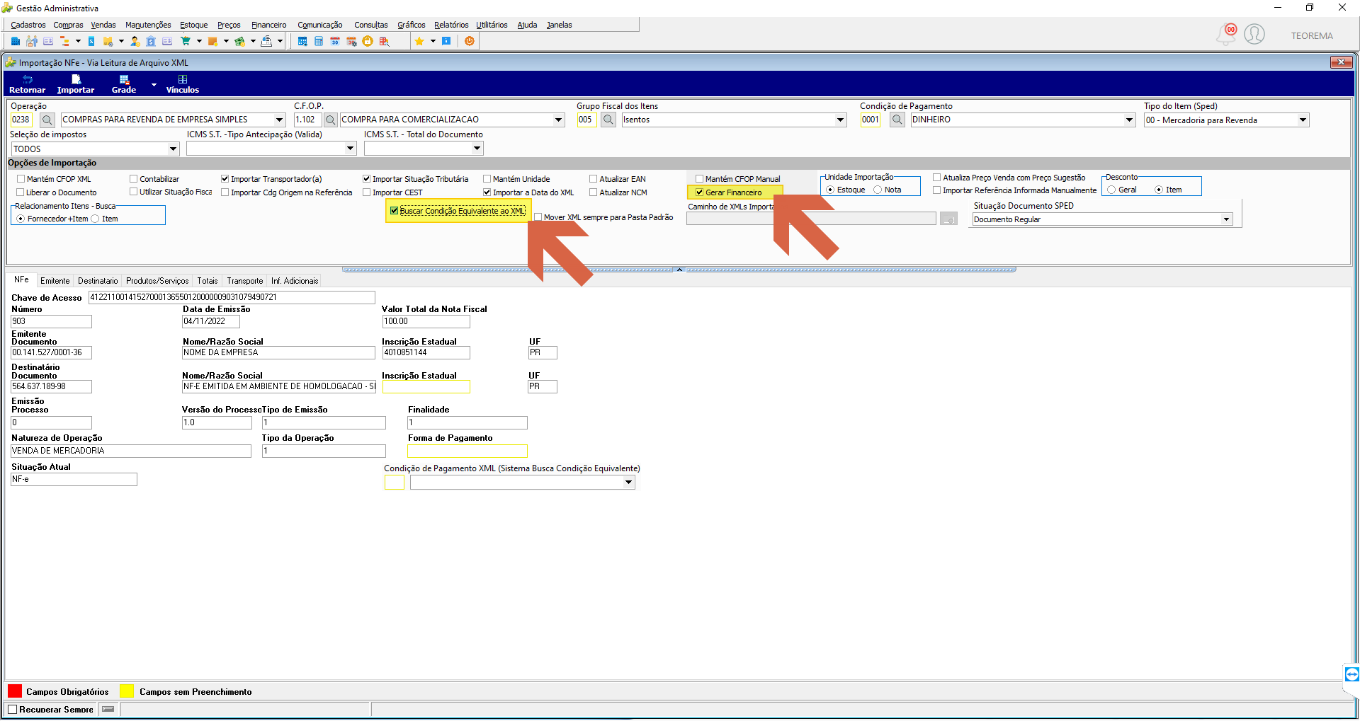 Tela Importação NFe - Via Leitura de Arquivo XML com os campos Gerar Financeiro e Buscar Condição Equivalente ao XML marcados e destacados por setas, e o campo Condição de Pagamento XML (Sistema Busca Condição Equivalente) exibido na parte inferior