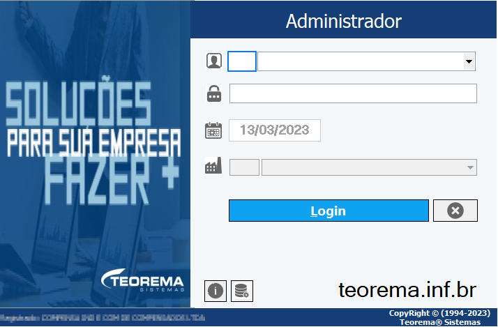 Tela de login do módulo Administrador com campos de usuário, senha, data e empresa, e botão Login