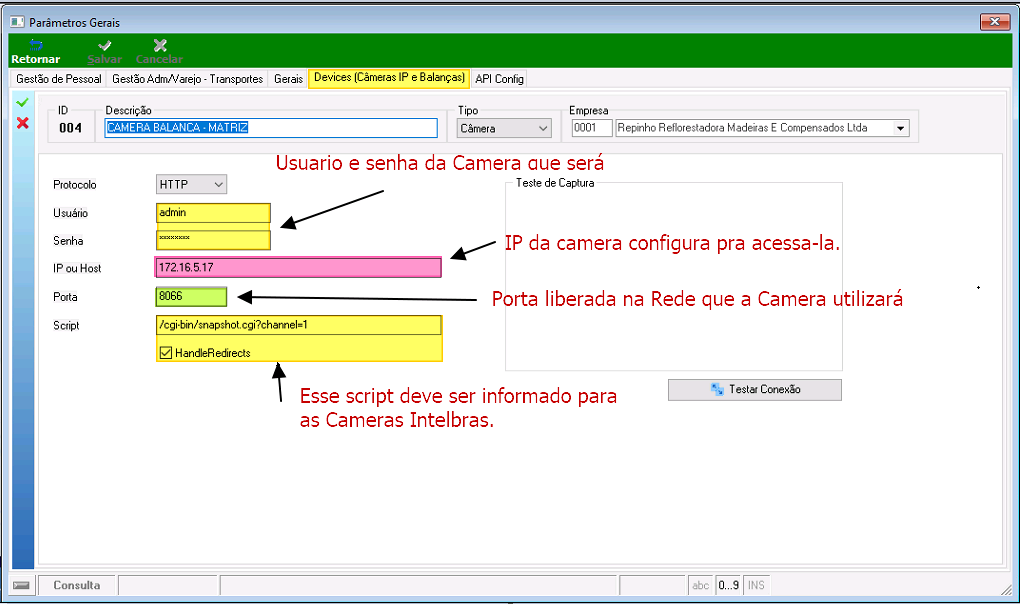 Aba Devices (Câmeras IP e Balanças) em Parâmetros Gerais com campos Usuário, Senha (mascarada), IP ou Host, Porta e Script preenchidos, e botão Testar Conexão