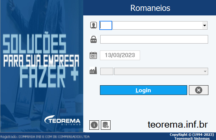 Tela de login do módulo Romaneios com campos de usuário, senha, data e empresa, e botão Login