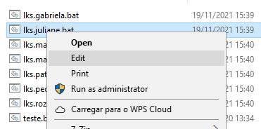 Menu de contexto exibido ao clicar com botão direito em lks.juliane.bat, com as opções Open, Edit, Print, Run as administrator e Carregar para o WPS Cloud
