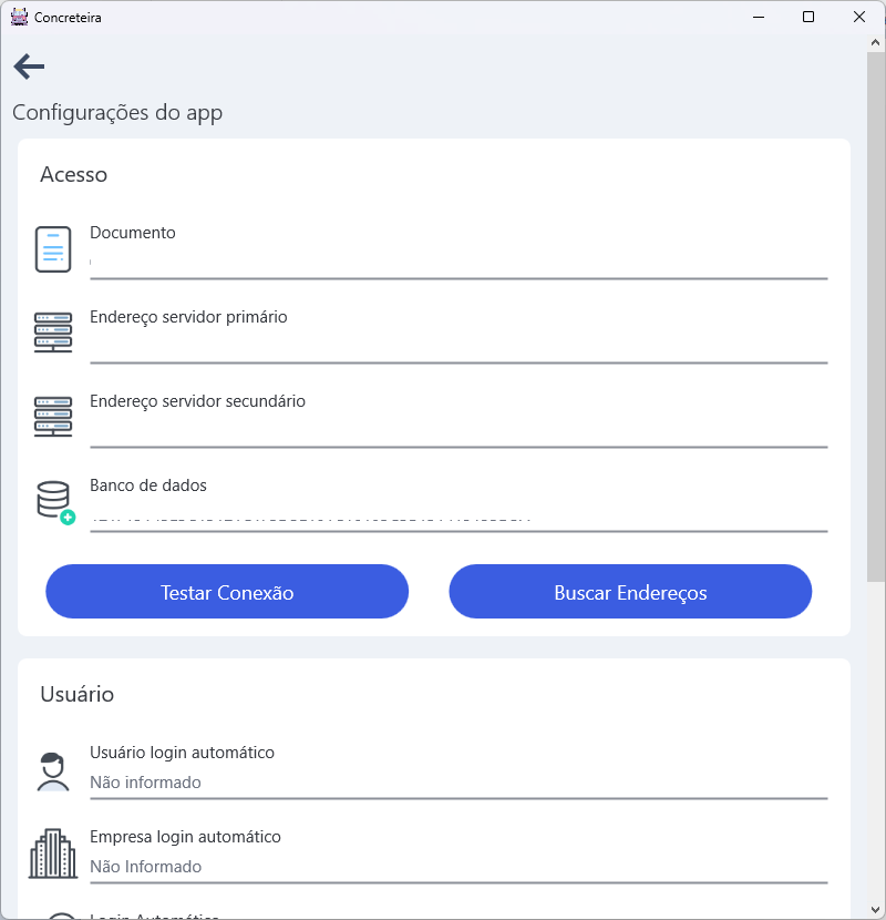 Tela Configurações do app com seção Acesso — campos Documento, Endereço servidor primário, Endereço servidor secundário, Banco de dados — e botões Testar Conexão e Buscar Endereços; seção Usuário com campos Usuário login automático e Empresa login automático