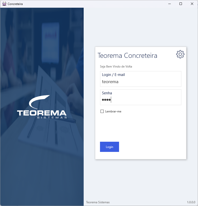 Tela de login do Teorema Concreteira com campo Login / E-mail preenchido como "teorema" e campo Senha preenchido com pontos, botão Login