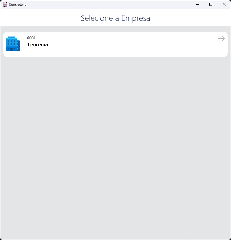 Tela "Selecione a Empresa" com entrada "0001 — Teorema" listada