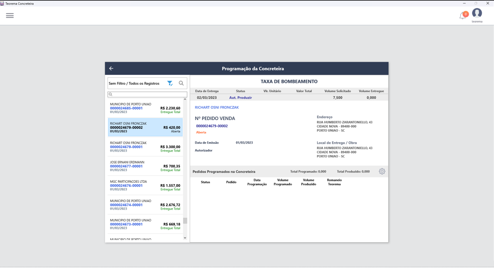 Tela Programação da Concreteira com lista de pedidos à esquerda (clientes, números de pedido, valores e status) e painel direito exibindo pedido 0000024679-00002 com status Aberta, informações de entrega e seção "Pedidos Programados na Concreteira" vazia