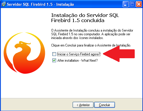 Tela "Instalação do Servidor SQL Firebird 1.5 concluída" com a opção "Iniciar o Serviço Firebird agora?" desmarcada e o botão "Concluir" disponível