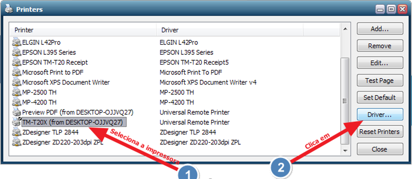 Janela Printers do Go-Global com lista de impressoras; impressora TM-T20X (from DESKTOP-OJJVQ27) selecionada e botão Driver... indicado por seta