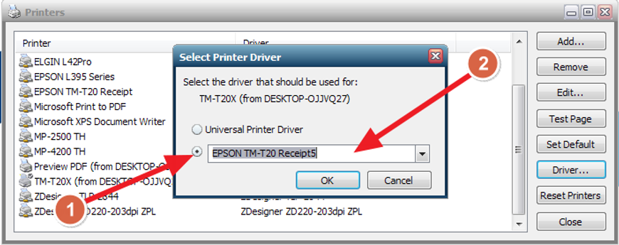 Caixa de diálogo Select Printer Driver com opção de driver específico marcada e driver EPSON TM-T20 Receipt5 selecionado na lista suspensa