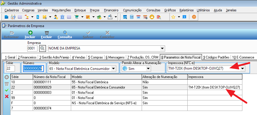 Tela Parâmetros de Empresa, aba 8 Parâmetros de Nota Fiscal, com série 22 modelo 65 (Nota Fiscal Eletrônica Consumidor) e impressora TM-T20X (from DESKTOP-OJJVQ27) selecionada no campo Impressora (NFC-e)