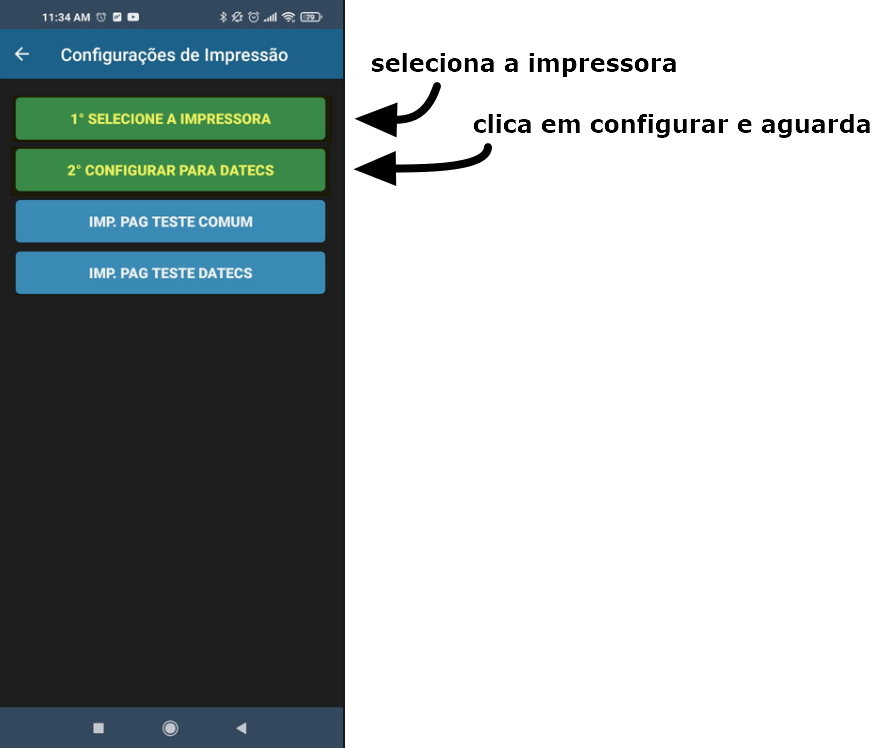 Tela Configurações de Impressão com os botões: 1° SELECIONE A IMPRESSORA, 2° CONFIGURAR PARA DATECS, IMP. PAG TESTE COMUM e IMP. PAG TESTE DATECS