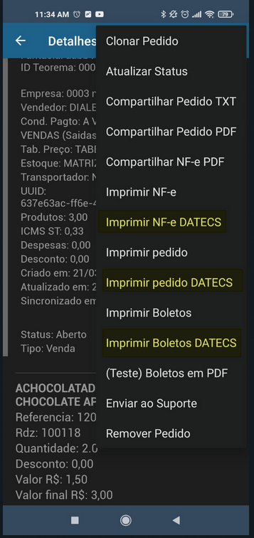 Tela Detalhes do pedido com menu de ações, destacando as opções: Imprimir NF-e DATECS, Imprimir pedido DATECS e Imprimir Boletos DATECS