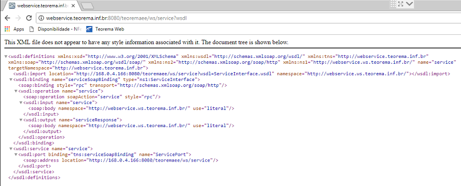 Navegador exibindo o documento WSDL do Webservice Teorema no endereço webservice.teorema.inf.br:8080/teoremaee/ws/service?wsdl, com a estrutura XML do serviço renderizada — definições wsdl:definitions, wsdl:binding, wsdl:service e wsdl:port visíveis
