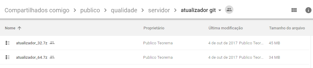 Google Drive — pasta "atualizador git" com os arquivos atualizador_32.7z (45 MB) e atualizador_64.7z (34 MB)