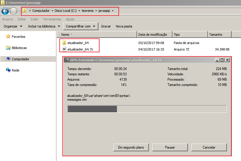 Windows Explorer em C:\teorema\javaapp com o arquivo atualizador_64.7z e a janela do 7-Zip extraindo o conteúdo — 30% concluído, 224 MB total