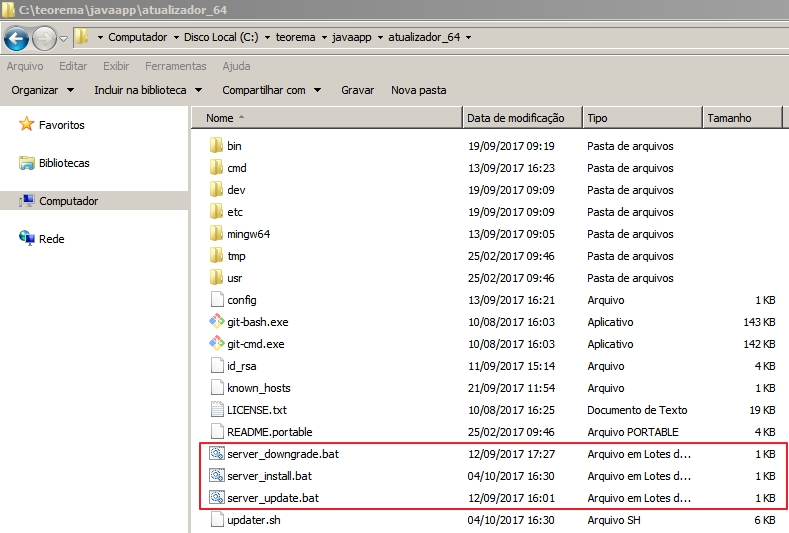Windows Explorer em C:\teorema\javaapp\atualizador_64 exibindo os arquivos e pastas extraídos, com destaque para server_downgrade.bat, server_install.bat e server_update.bat