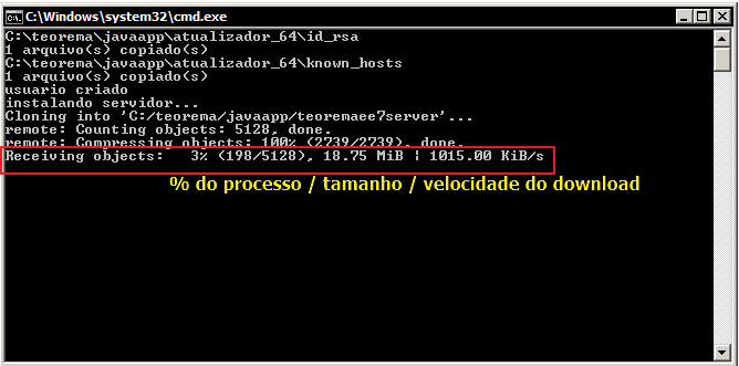Prompt de comando CMD executando server_install.bat — exibe mensagens de clonagem do repositório Git com percentual do processo, tamanho e velocidade do download