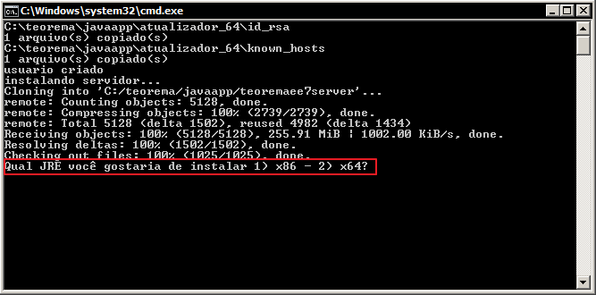 Prompt CMD com a pergunta "Qual JRE você gostaria de instalar 1) x86 – 2) x64?" após concluir a clonagem do repositório