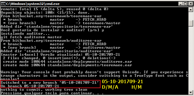 Prompt CMD exibindo a conclusão da instalação com o identificador de versão no formato D/M/A HH:MM, ex.: 05-10-201709-21, indicando data e hora da instalação