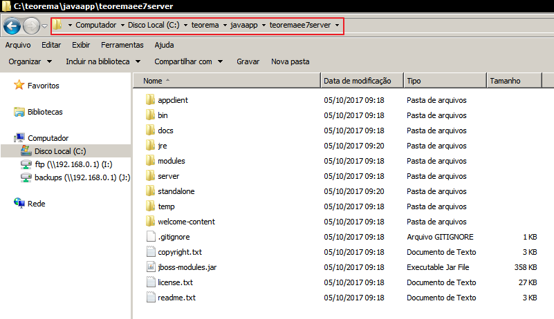 Windows Explorer em C:\teorema\javaapp\teoremaee7server exibindo as subpastas appclient, bin, docs, jre, modules, server, standalone, temp, welcome-content e arquivos como jboss-modules.jar e readme.txt