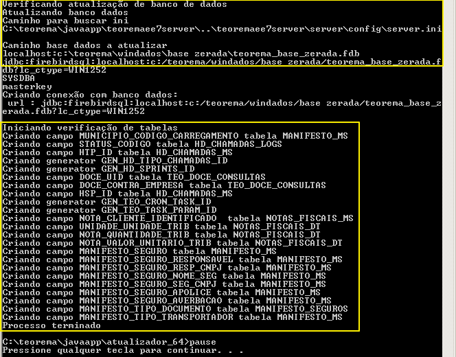 Prompt CMD exibindo o processo de atualização do banco de dados: leitura do caminho do server.ini, string de conexão JDBC Firebird e listagem dos campos e tabelas criados ou verificados