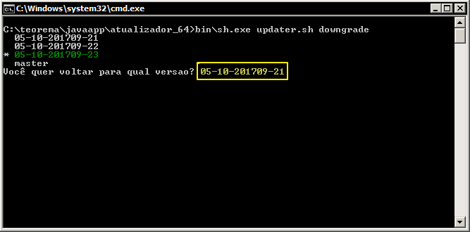 Prompt CMD executando server_downgrade.bat — lista as versões disponíveis (05-10-201709-21, 05-10-201709-22, 05-10-201709-23) e a pergunta "Você quer voltar para qual versão?" com o valor 05-10-201709-21 digitado