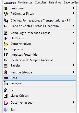 Menu Cadastros do módulo Gestão Contábil com item Bens destacado