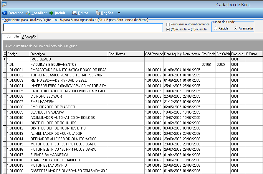 Tela Cadastro de Bens com lista de bens cadastrados, colunas Código, Descrição, Cód. Barras, Cód. Princípe, Data Aquisição, Data Movim., Cta. Débit, Cta. Crédit, Empresa e C. Custo