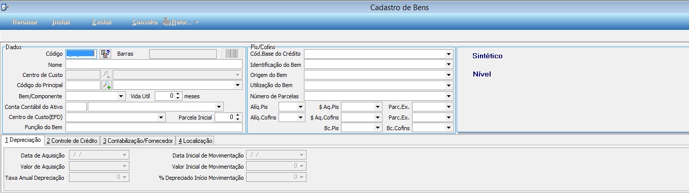 Tela Cadastro de Bens com formulário de inclusão, seções Dados (Código, Barras, Nome, Centro de Custo, Código do Principal, Bem/Componente, Vida Util, Conta Contábil do Ativo, Centro de Custo EFD, Parcela Inicial, Função do Bem) e Pis/Cofins, além das abas 1 Depreciação, 2 Controle de Crédito, 3 Contabilização/Fornecedor e 4 Localização