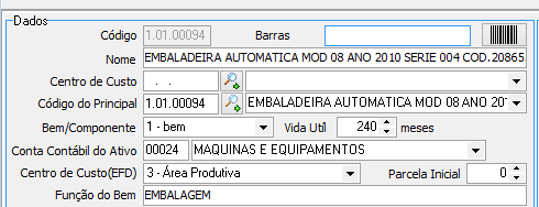 Seção Dados preenchida com exemplo: Código 1.01.00094, Nome EMBALADEIRA AUTOMATICA MOD 08 ANO 2010, Conta Contábil do Ativo 00024 MAQUINAS E EQUIPAMENTOS, Centro de Custo EFD 3 Área Produtiva, Vida Util 240 meses, Função do Bem EMBALAGEM