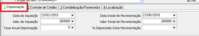 Aba 1 Depreciação preenchida com Data de Aquisição 23/03/2010, Valor de Aquisição 260000, Taxa Anual Depreciação 5, Data Inicial de Movimentação 23/03/2010, Valor Inicial de Movimentação 260000