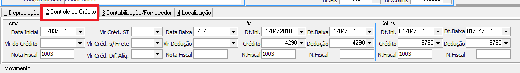Aba 2 Controle de Crédito com seções ICMS, PIS e COFINS preenchidas: Data Inicial ICMS 23/03/2010, Nota Fiscal 1003, PIS Crédito 4290, PIS Dedução 4290, COFINS Crédito 19760, COFINS Dedução 19760