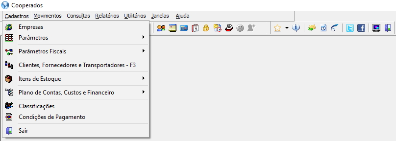 Menu Cadastros expandido com as opções: Empresas, Parâmetros, Parâmetros Fiscais, Clientes, Fornecedores e Transportadores - F3, Itens de Estoque, Plano de Contas, Custos e Financeiro, Classificações, Condições de Pagamento, Sair