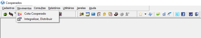 Menu Movimentos expandido com as opções: Cota Cooperado, Integralizar, Distribuir