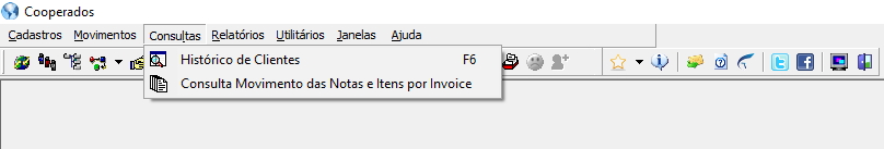 Menu Consultas expandido com as opções: Histórico de Clientes (F6), Consulta Movimento das Notas e Itens por Invoice
